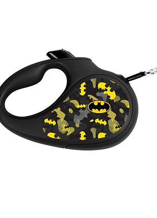 Поводок-рулетка для собак waudog r-leash, рисунок "бэтмен узор", l, до 50 кг, 5 м, светоотражающая лента черный
