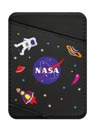 Визитница waudog design с рисунком "nasa", премиум кожа (ширина 70 мм, длина 95 мм) черный