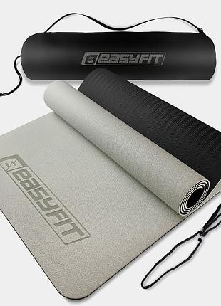 Коврик для йоги и фитнеса easyfit tpe+tc 6 мм двухслойный + чехол серый с черным