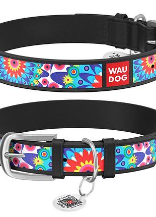 Ошейник для собак натуральная кожаный waudog design с qr паспортом, цветы, ш 12 мм, д 19-25 см, черный