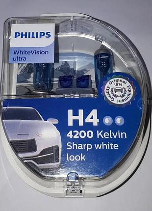 Лампа автомобильная h4 12v 60/55w 4200k p43t white vision ultra + 60% пара 2шт philips