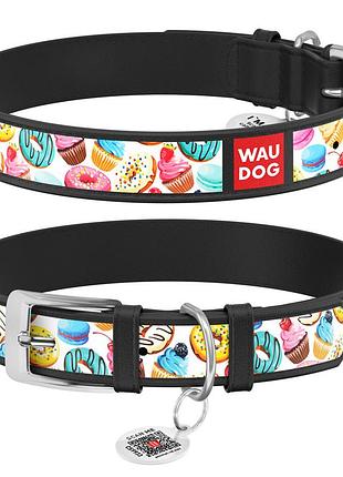 Нашийник для собак шкіряний waudog design з qr паспортом, пончики, s, ш 15 мм, д 26-35 см, чорний