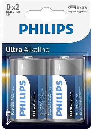 Батарейка lr20 d 1.5v ultra alkaline blister пара 2шт лужні philips