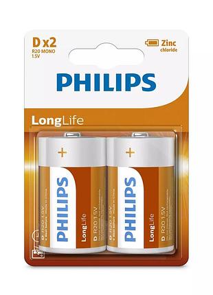 Батарейка lr20 d 1.5v longlife blister пара 2шт лужные philips
