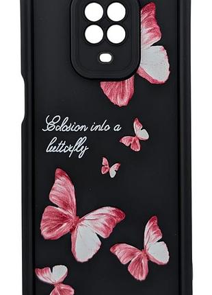 Чехол shock case print для телефона xiaomi redmi note 9s бампер силиконовый черный с рисунком бабочки