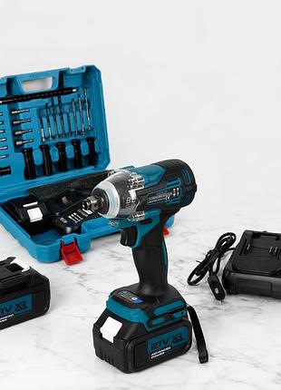 Аккумуляторный бесщеточный ударный гайковерт 21v, 300 н·м, 2 аккумулятора, набор 25 предметов, кейс