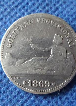Іспанія временное правительство 1 песета 1869 срібло 0.835, 5g, ø 23mm №203