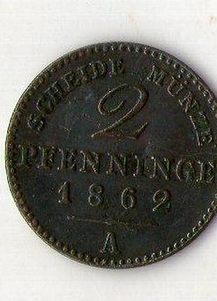 Германия пруссия 2 пфеннинга 1862 год №387