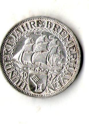 Германия un веймарская резаденция 3 микосмарки, 1927 100-ая годовщина - бремерхафен серебро 0.500, 15g, ø 30mm no2477