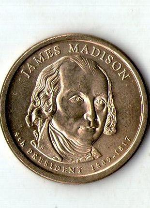 Сша 1 долларов, 2007 4-й президент сша - джеймс медисон (1809-1817) медь с марганцево-платунным покрытием, 8.1g, ø 26.5mm no1956
