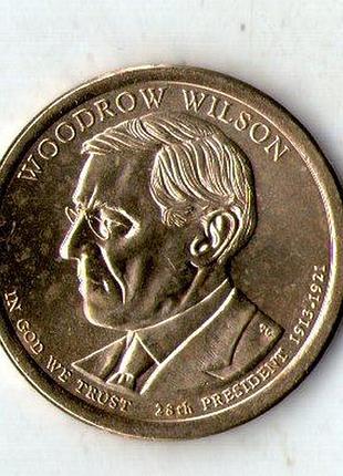 Сша 1 долларов, 2013 28-й - томас вудро уилсон (1913–1921) медь с марганцево-платунным покрытием, 8.1g, ø 26.5mm no2056