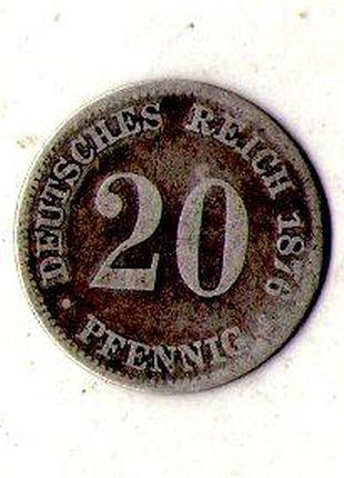 Німеччина › німецька імперія 20 пфенігів, 1876 рік вільгельм i срібло 0.900, 1.111g, ø 16mm №3101