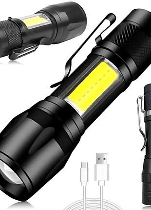 Фонарь ручной аккумуляторный bl-513 с usb зарядкой zoom и боковым cob светом led фонарик карманный