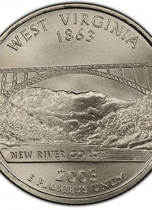 Сша 1⁄4 долларов, 2005 квотер штата западная виргиния медь с медно-никелевым покрытием, 5.67g, ø 24.26mm no330