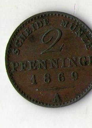 Германия королевство пруссия 2 пфеннинга (180 часть талера)1869 год №462