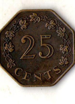 Мальта 25 центів, 1975 1 рік мальтійської республіці бронза №2535