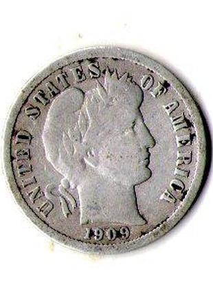 Сша 10 центов 1909 год barber dime серебро 0.900, 2.5g, ø 17.91mm no3428