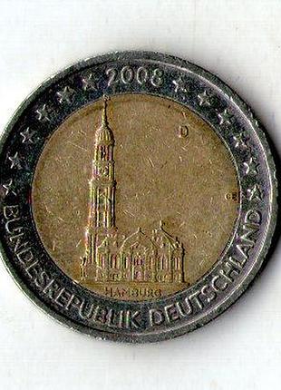 Німеччина - германия фрг 2 евро, 2008 2 евро, 2008 церковь св. михаила, гамбург /новая карта европы/ №1951