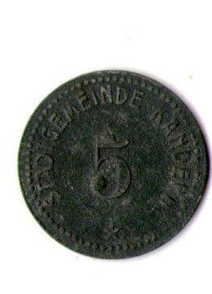 Німеччина (нотгельд) › місто кандерн 5 пфенігів, 1917 цинк, 1.42g, ø 19.1mm №3101