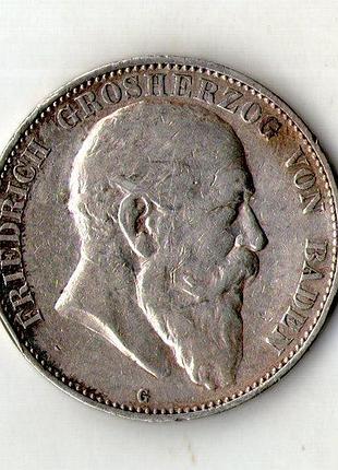 Німецька імперія - германская империя баден 5 марок 1903 срібло 27 гр. 900 пр. №626