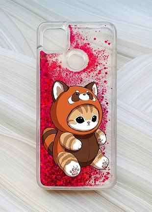 Чехол с плавающими розовыми блестками на xiaomi redmi 9c/10a котик панда (принт 423)