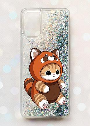 Чехол с плавающими серебряными блестками на samsung galaxy a03s (a037) котик панда (принт 423)