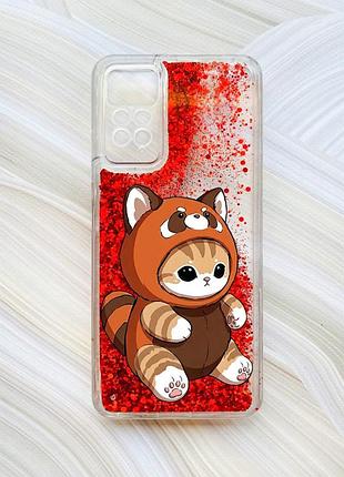 Чохол з плаваючими червоними блискітками на xiaomi redmi note 11 pro котик панда (принт 423)