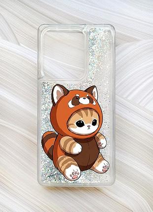 Чехол с плавающими серебряными блестками на xiaomi redmi note 13 4g котик панда (принт 423)