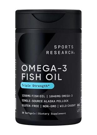 Риб'ячий жир 1250 мг омега-3 sports research omega-3 fish oil потрійна сила для відновлення після тренувань 30 желатинових капсул