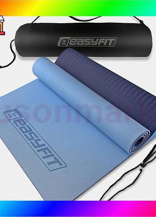 Bs килимок для йоги best mix та фітнесу easyfit tpe+tc 6 мм двошаровий + чохол блакитний-синій bas77/n