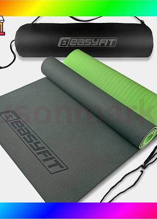 Bs килимок для йоги best mix та фітнеса easyfit tpe+tc 6мм двошаровий + чохол чорний з зеленим bas77/n