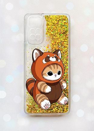 Чехол с плавающими золотыми блестками на xiaomi redmi note 11 котик панда (принт 423)