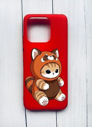 Матовый чехол на xiaomi redmi 12c красный котик панда (принт 423)