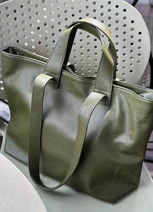 Шкіряна сумка шопер , велика містка оливковий зелений колір (olive green)