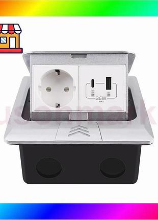 Bs розетка напольная двойная best mix livolo серебряная, встроенная в пол, с usb-a и usb type-c 36 вт, bas77/n