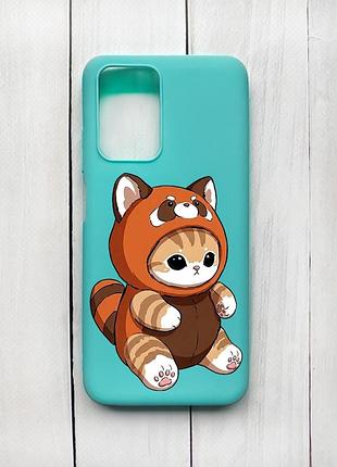 Матовый чехол на xiaomi redmi 10 бирюзовый котик панда (принт 423)