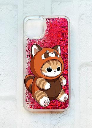 Чохол з плаваючими рожевими блискітками на iphone 11 котик панда (принт 423)
