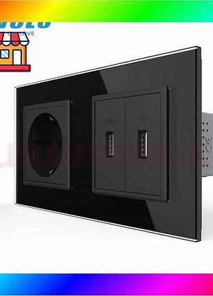 Bs розетка з заземленням best mix з 2 usb розетками livolo чорна матова скло bas77/n