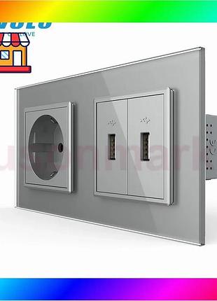 Bs розетка з заземленням best mix з 2 usb розетками livolo сірий скло (vl-c7c1eu2usb-15) bas77/n