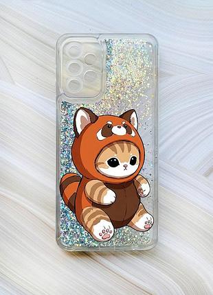Чехол с плавающими серебряными блестками на samsung galaxy a23 котик панда (принт 423)