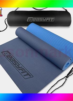 Bs килимок для йоги best mix та фітнеса easyfit tpe+tc 6мм двошаровий + чохол синій з блакитним bas77/n