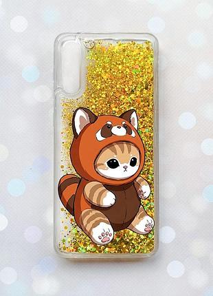 Чехол с плавающими золотыми блестками на samsung galaxy a50 (2019) a505f котик панда (принт 423)