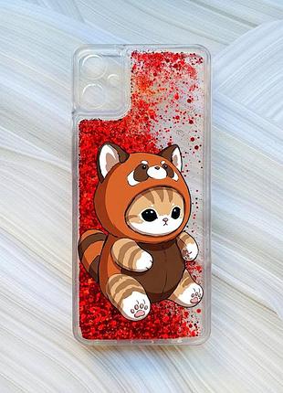 Чехол с плавающими красными блестками на samsung galaxy a05 (a055) котик панда (принт 423)