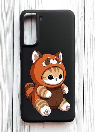 Матовый черный чехол на samsung galaxy s21 fe котик панда (принт 423)