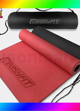 Bs килимок для йоги best mix та фітнеса easyfit tpe+tc 6мм двошаровий + чохол червоний з чорним bas77/n