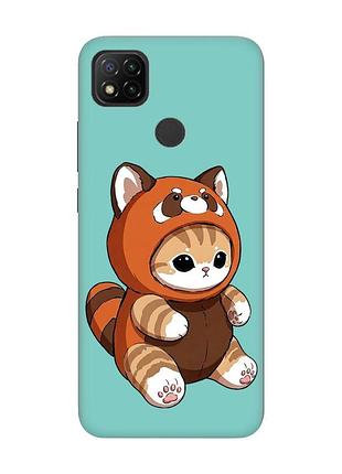 Матовый бирюзовый чехол на xiaomi redmi 9c/10a котик панда (принт 423)