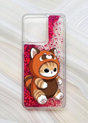 Чехол с плавающими розовыми блестками на xiaomi redmi 13c/poco c65 котик панда (принт 423)