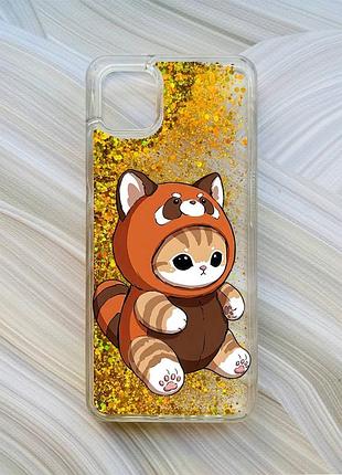 Чехол с плавающими золотыми блестками на samsung galaxy a04 котик панда (принт 423)