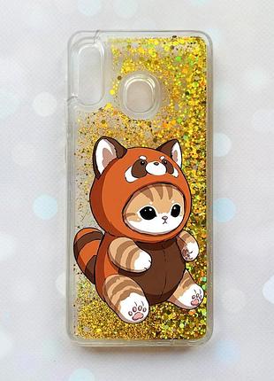 Чехол с плавающими золотыми блестками на samsung galaxy a30(2019) a305/a20 котик панда (принт 423)