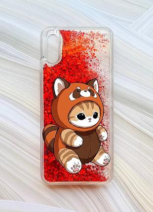 Чехол с плавающими красными блестками на xiaomi redmi 9a котик панда (принт 423)